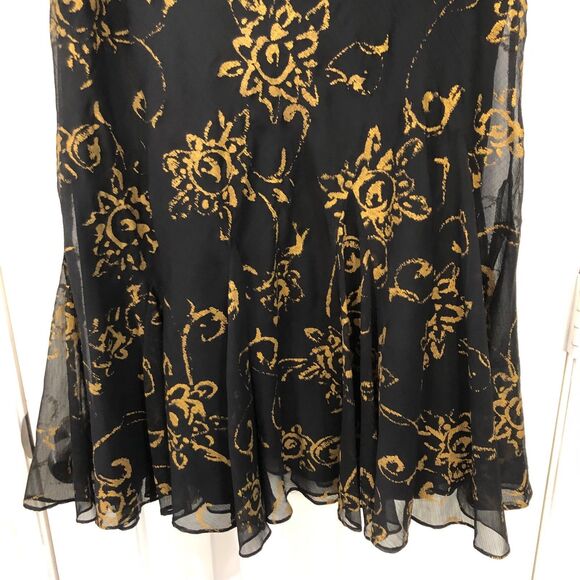 Lauren Ralph Lauren Black & Gold Floral Chiffon Circle Midi Skirt Office Size M - Picture 4 of 6
